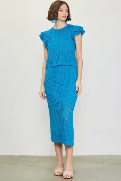 SKIES ARE BLUE Short Sleeve Tops|Sweaters*Flutter Sleeve Crochet Sweater Turquoise