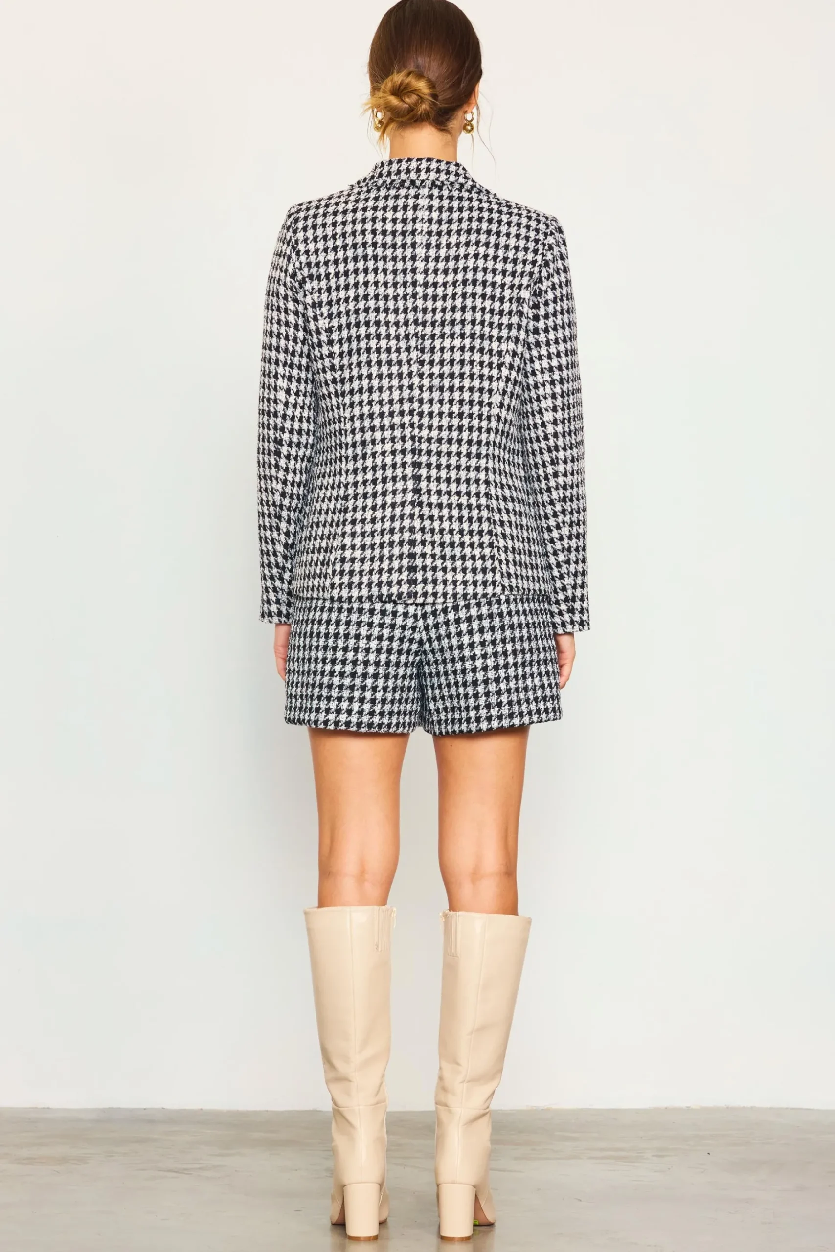 SKIES ARE BLUE Blazers*Fringed Houndstooth Blazer Cream-black