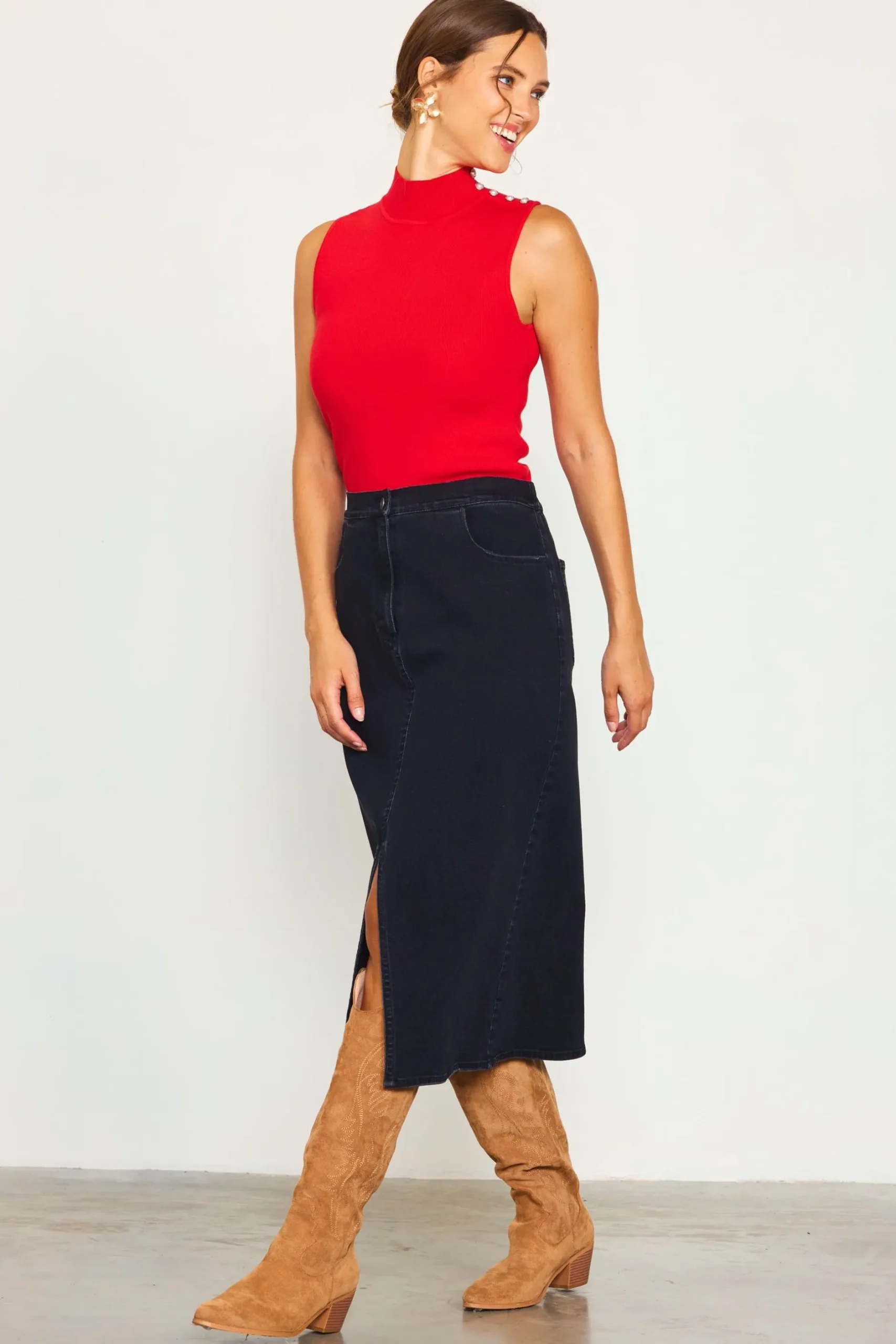 SKIES ARE BLUE Skirts*Front Slit Maxi Denim Skirt Blackdenim