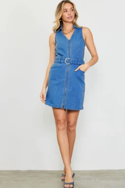 SKIES ARE BLUE Mini Dresses*Front Zipper Denim Mini Dress With Belt Bluedenim