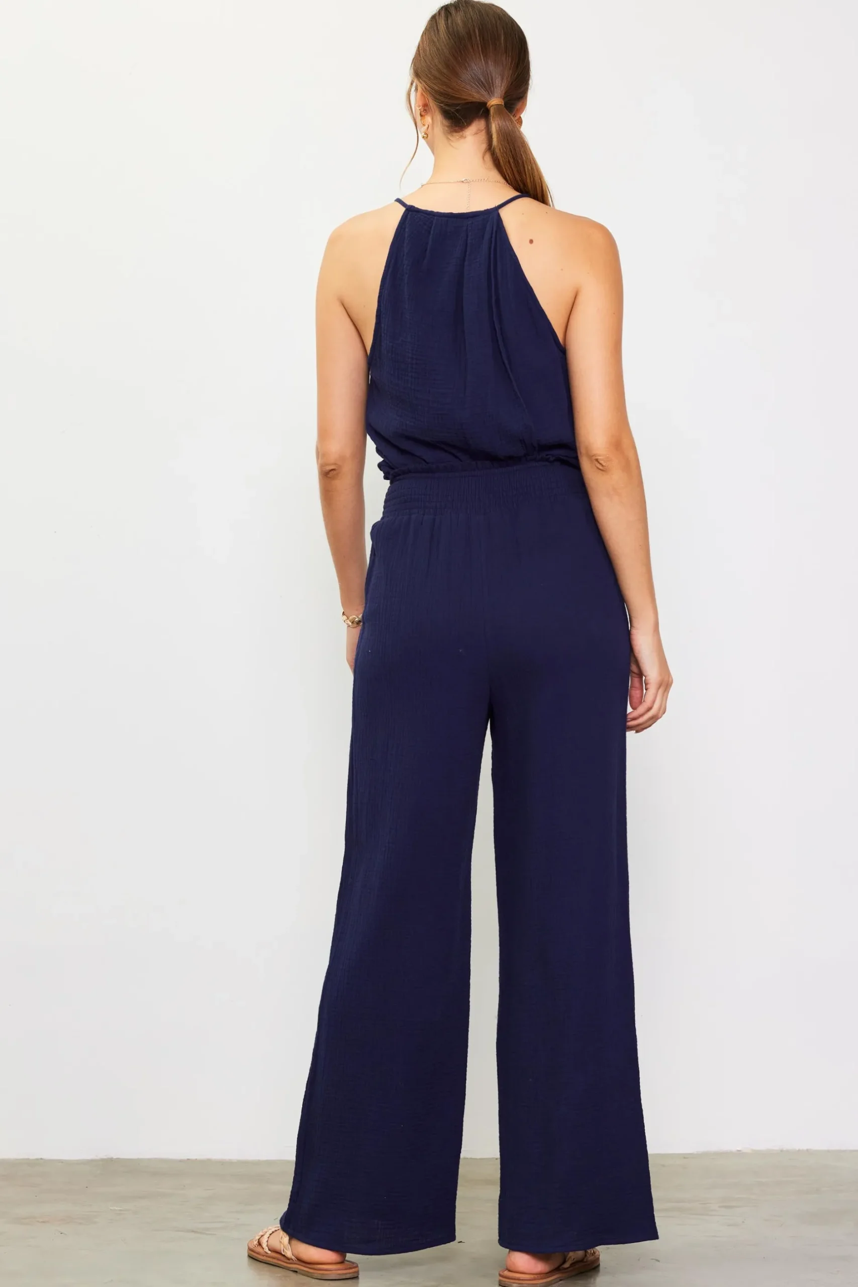 SKIES ARE BLUE Pants*Gaia Smocked Waist Wide Leg Pants Navy