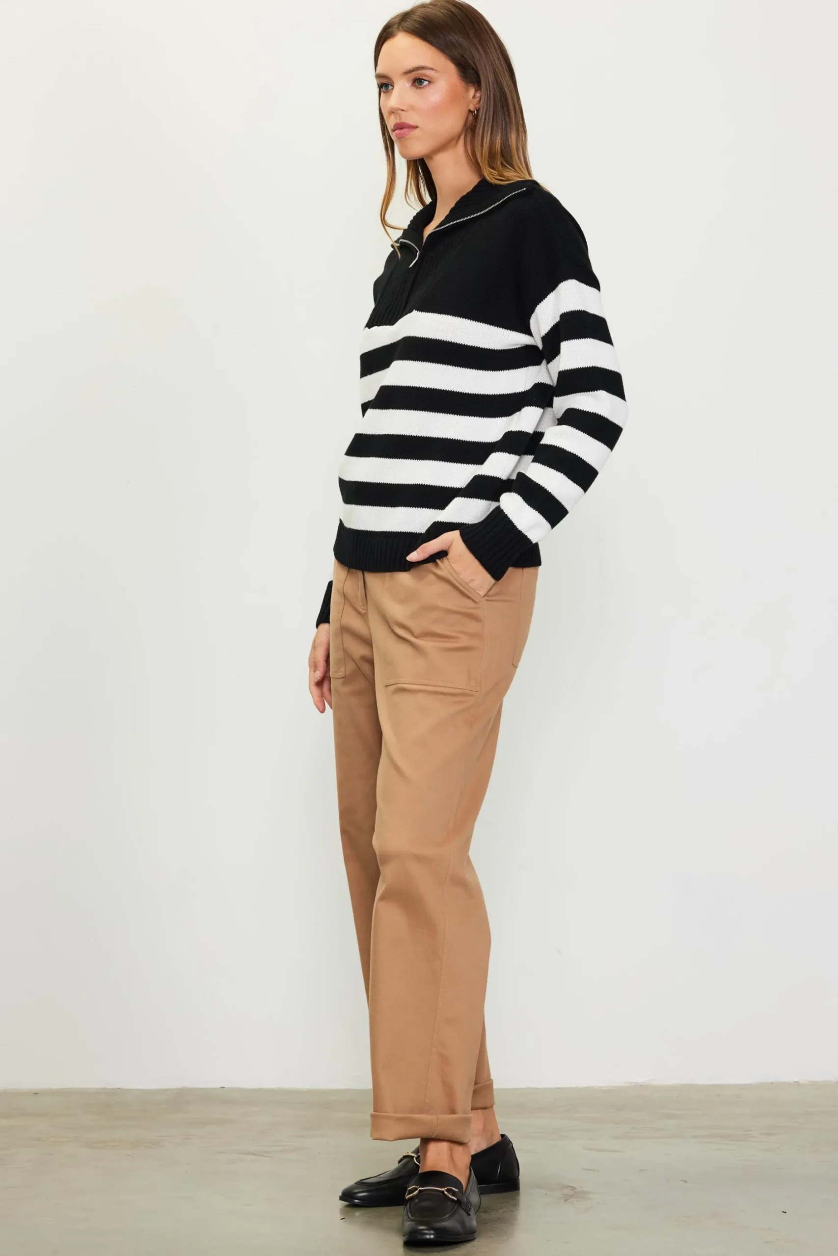 SKIES ARE BLUE Sweaters*Half-Zip Striped Sweater Black-white