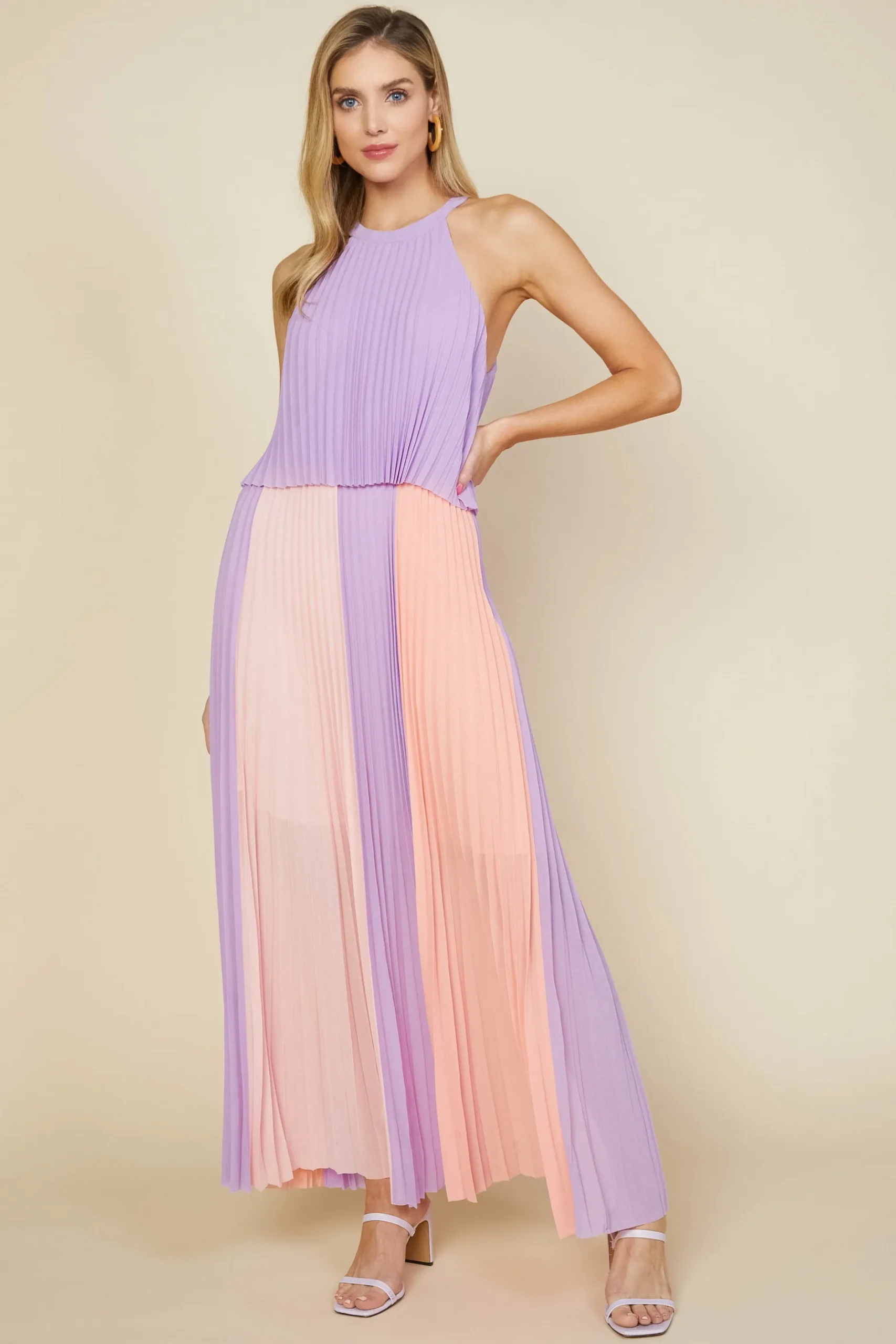 SKIES ARE BLUE Maxi Dresses*Halter Pleated Maxi Dress Lavender-coral