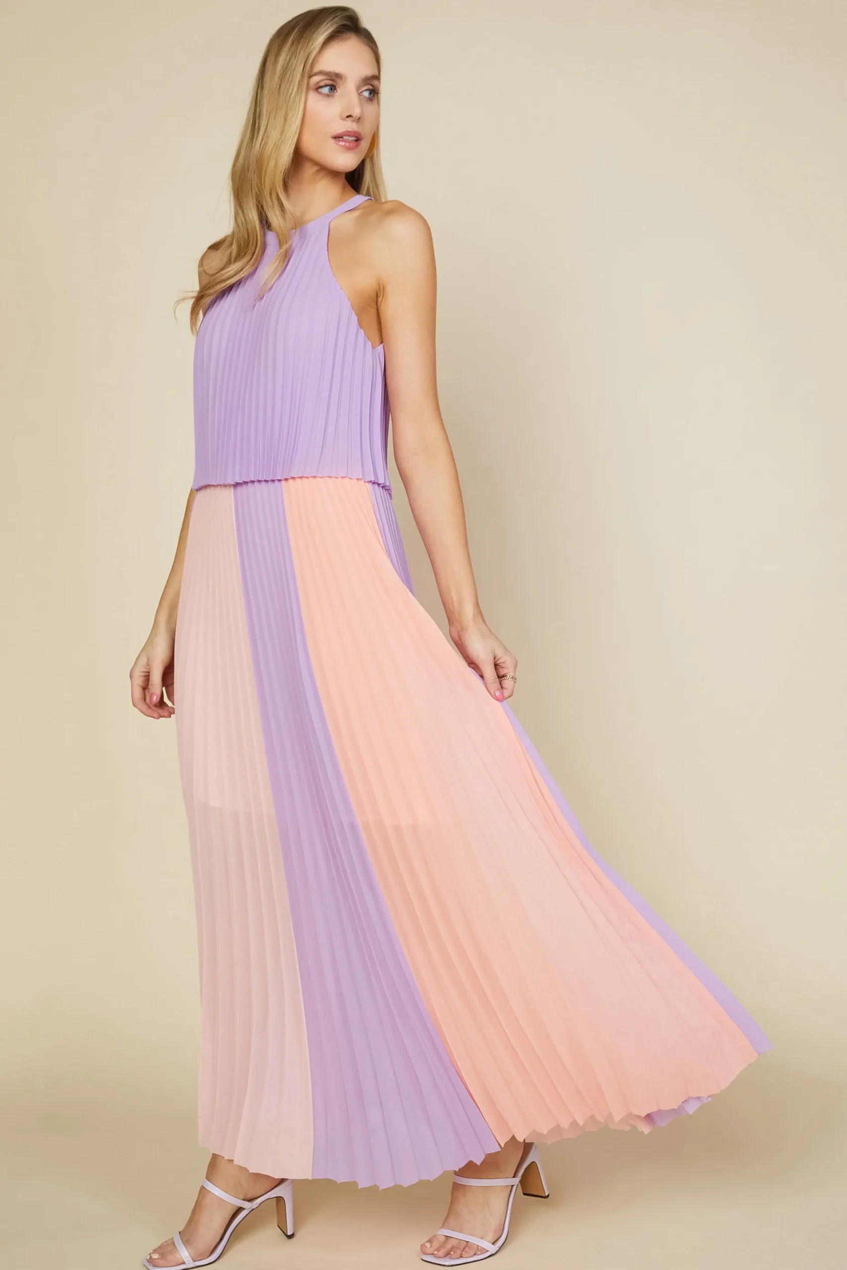 SKIES ARE BLUE Maxi Dresses*Halter Pleated Maxi Dress Lavender-coral
