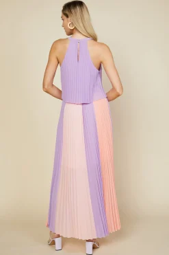 SKIES ARE BLUE Maxi Dresses*Halter Pleated Maxi Dress Lavender-coral