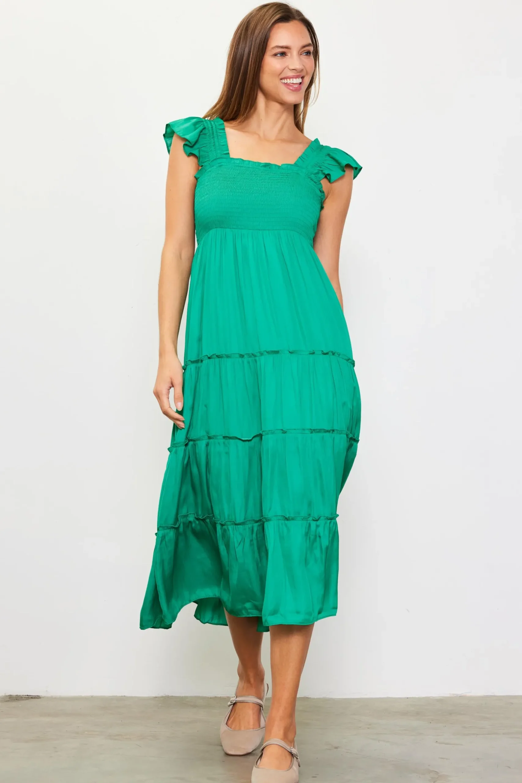 SKIES ARE BLUE Midi Dresses*Hathaway Tiered Midi Dress Kelly-green