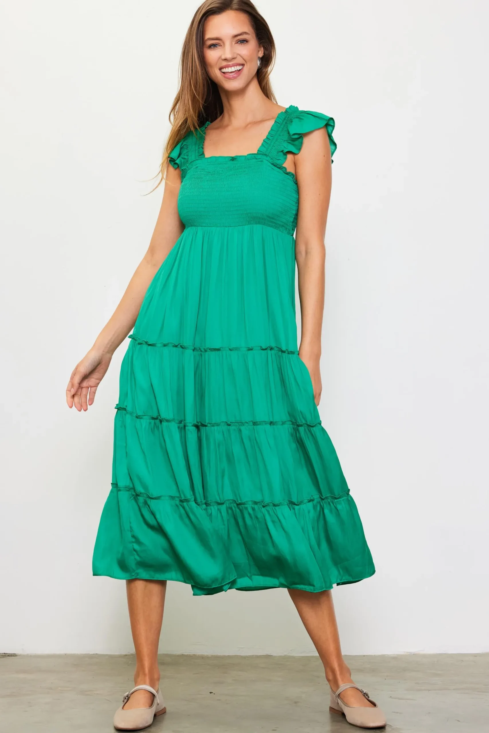 SKIES ARE BLUE Midi Dresses*Hathaway Tiered Midi Dress Kelly-green