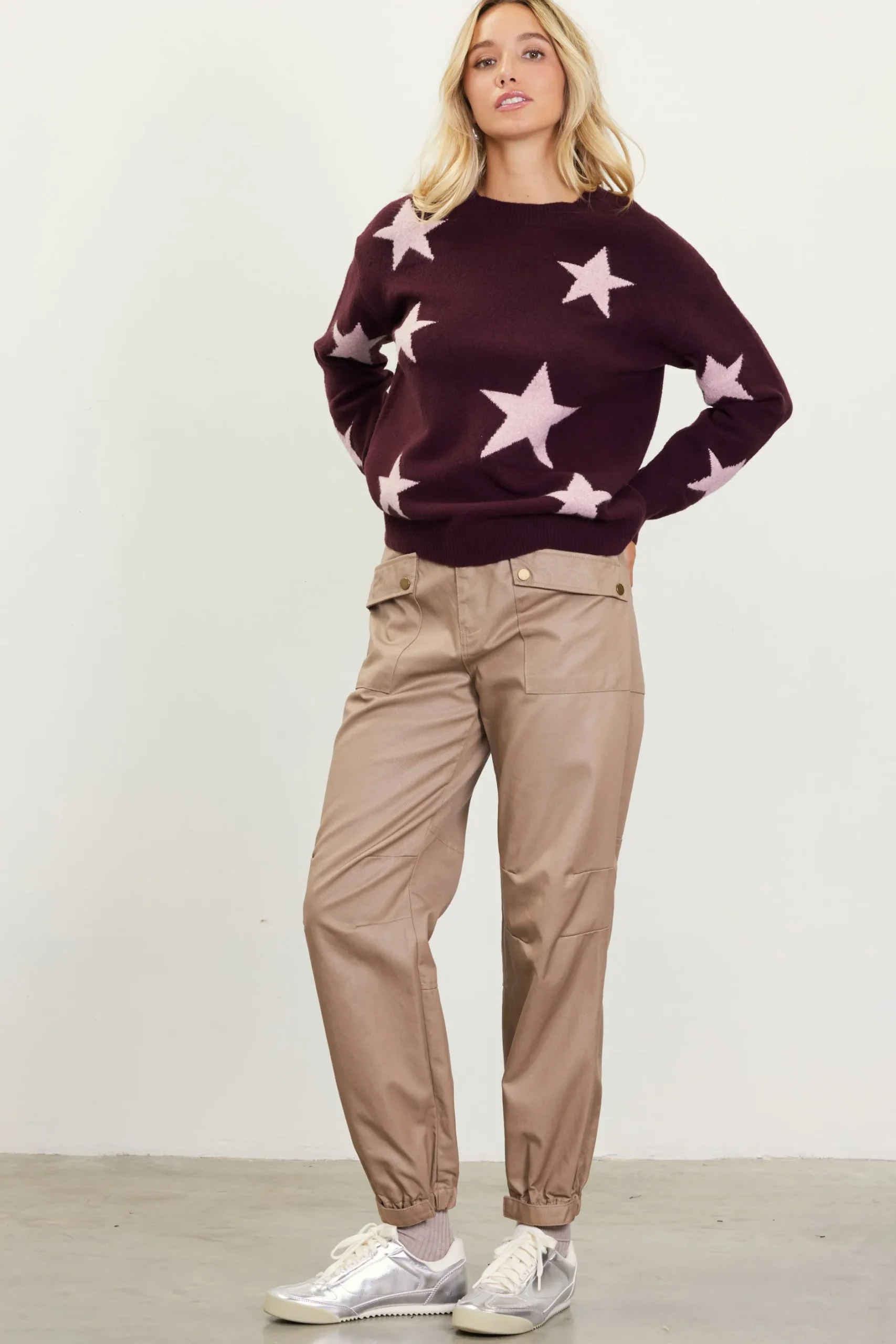 SKIES ARE BLUE Pants*High Waisted Cargo Pants Taupe