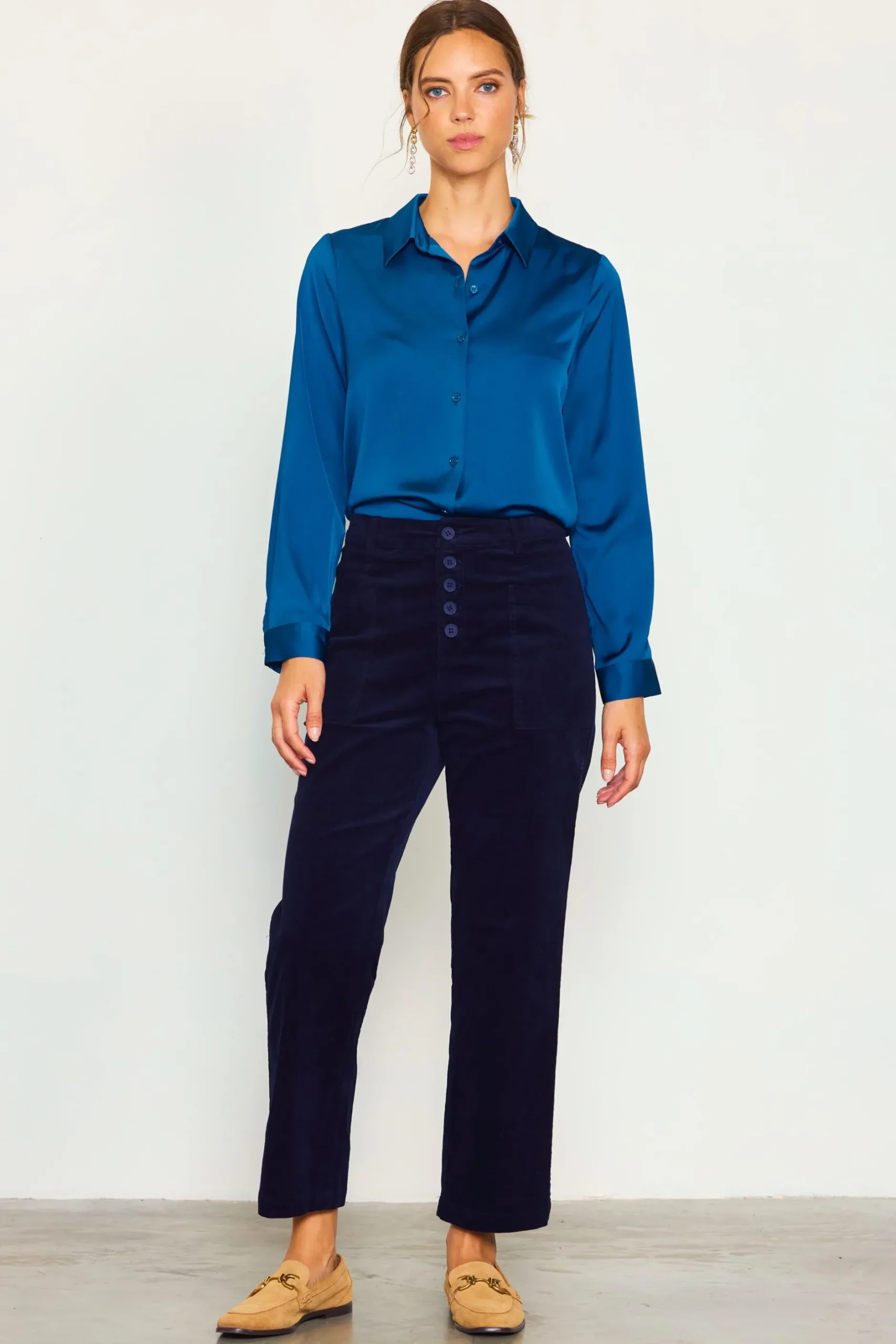 SKIES ARE BLUE Pants*High Waisted Corduroy Pants Navy