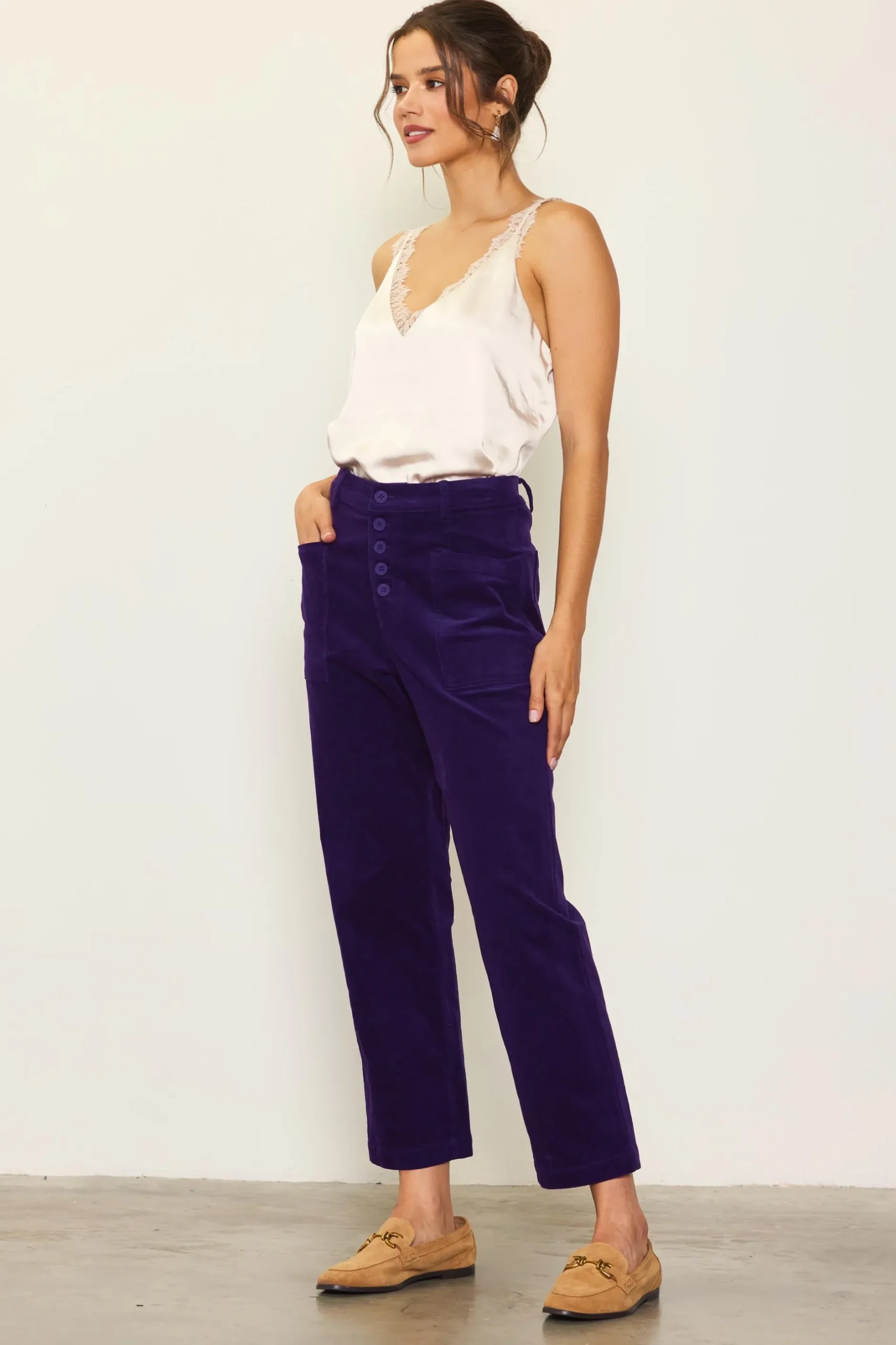 SKIES ARE BLUE Pants*High Waisted Corduroy Pants Grape