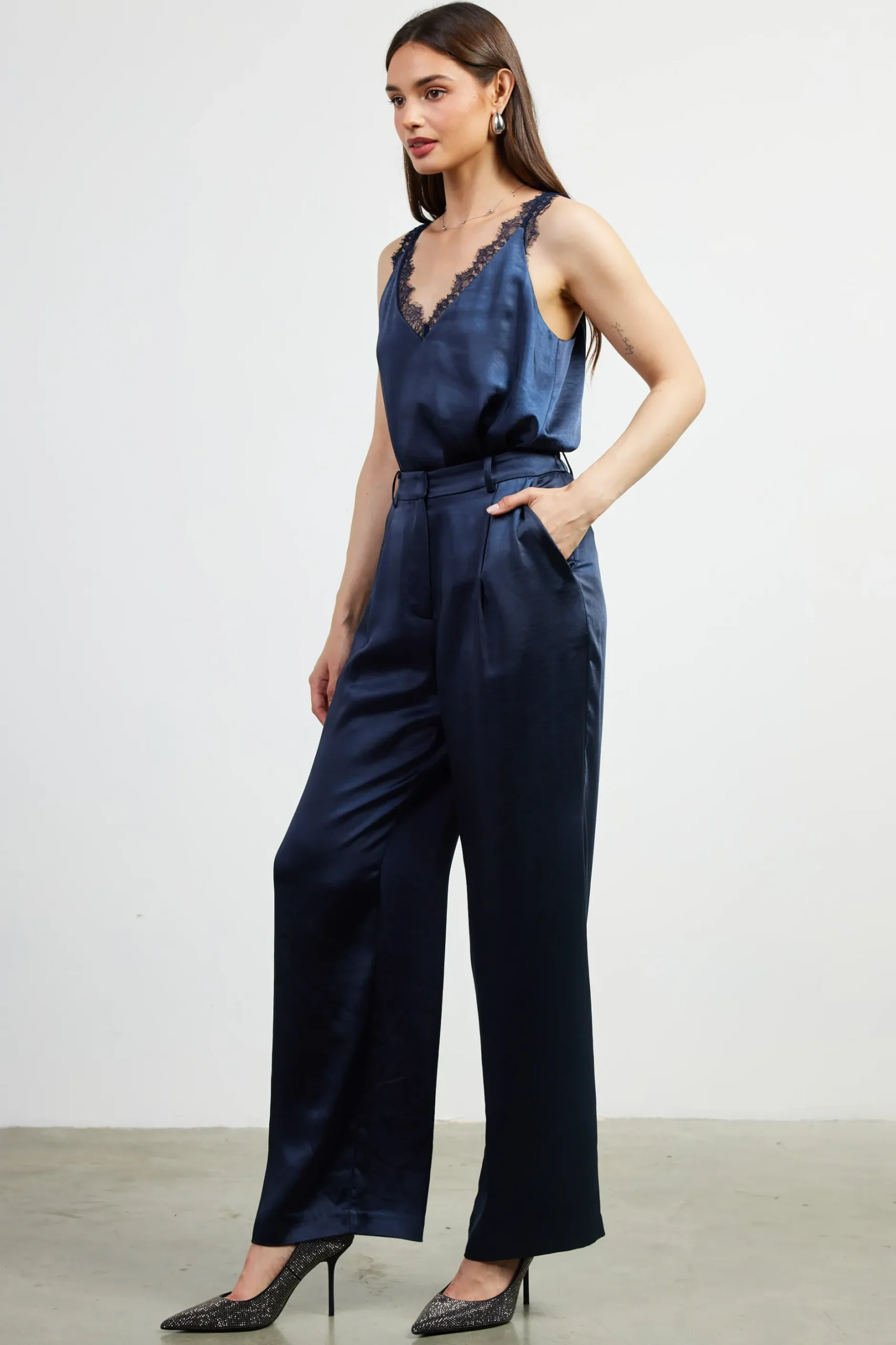 SKIES ARE BLUE Pants*High Waisted Satin Straight Leg Pant Navy