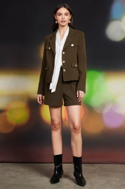 SKIES ARE BLUE Shorts*High-Rise Pleated Knit Shorts Olive