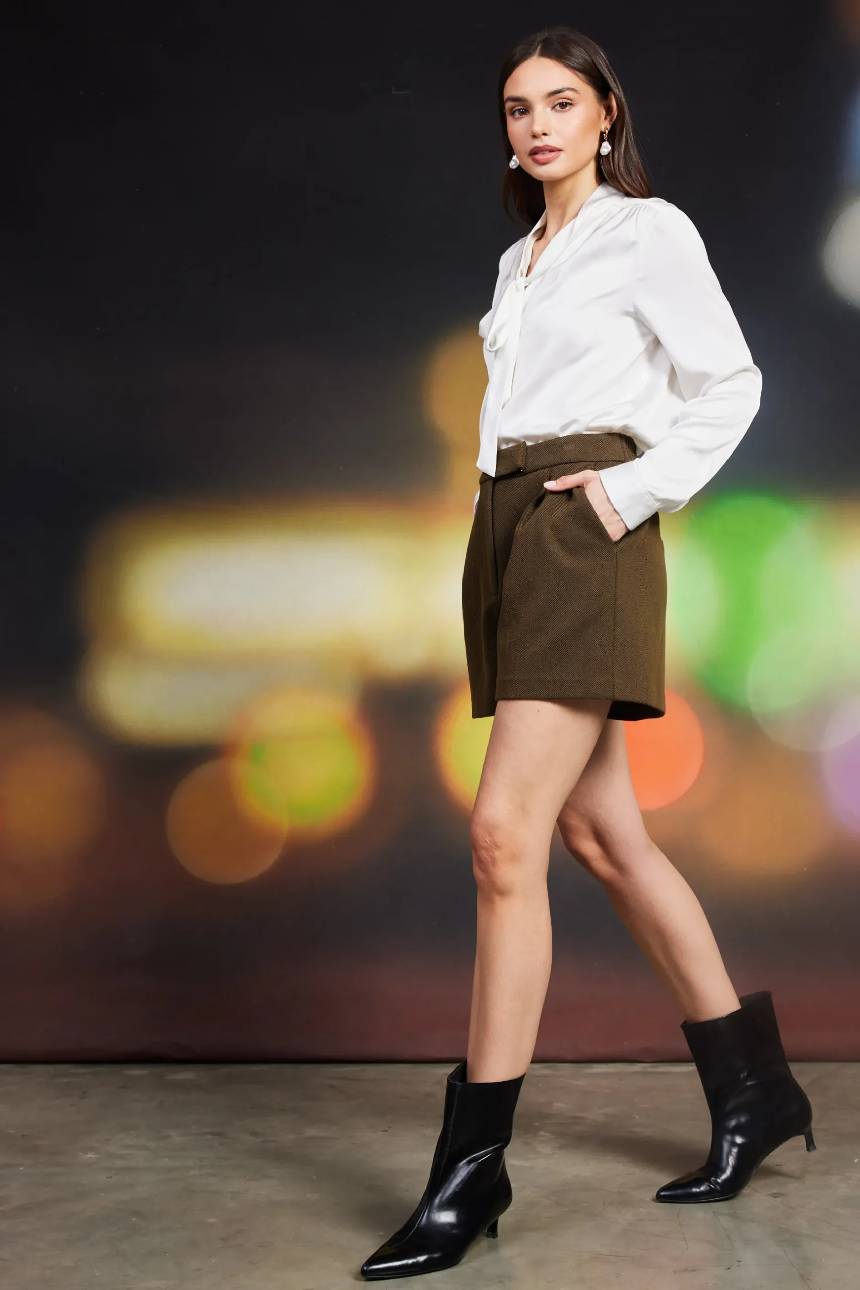 SKIES ARE BLUE Shorts*High-Rise Pleated Knit Shorts Olive