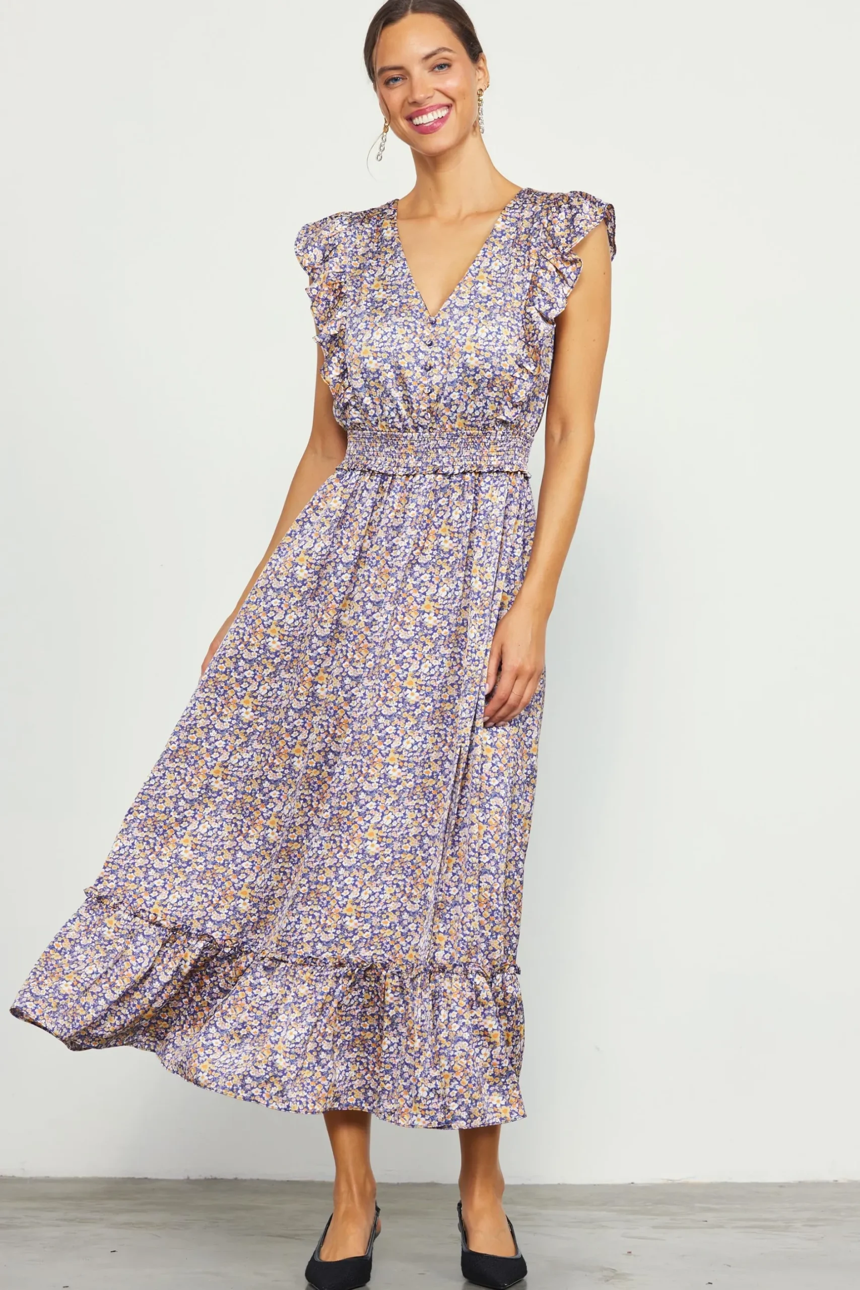 SKIES ARE BLUE Midi Dresses*Indira Floral Print Smocked Waist Dress Indigo-floral