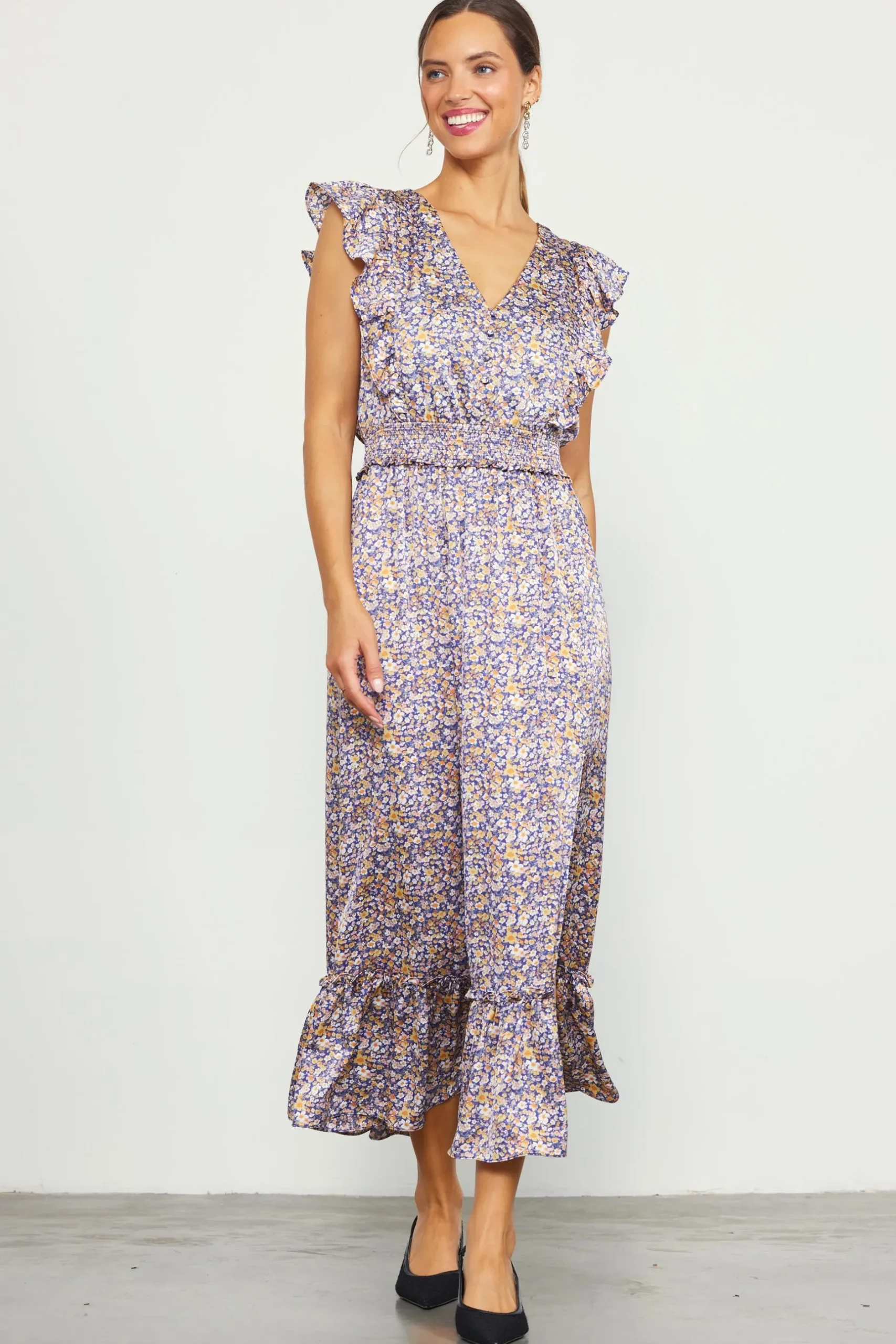 SKIES ARE BLUE Midi Dresses*Indira Floral Print Smocked Waist Dress Indigo-floral