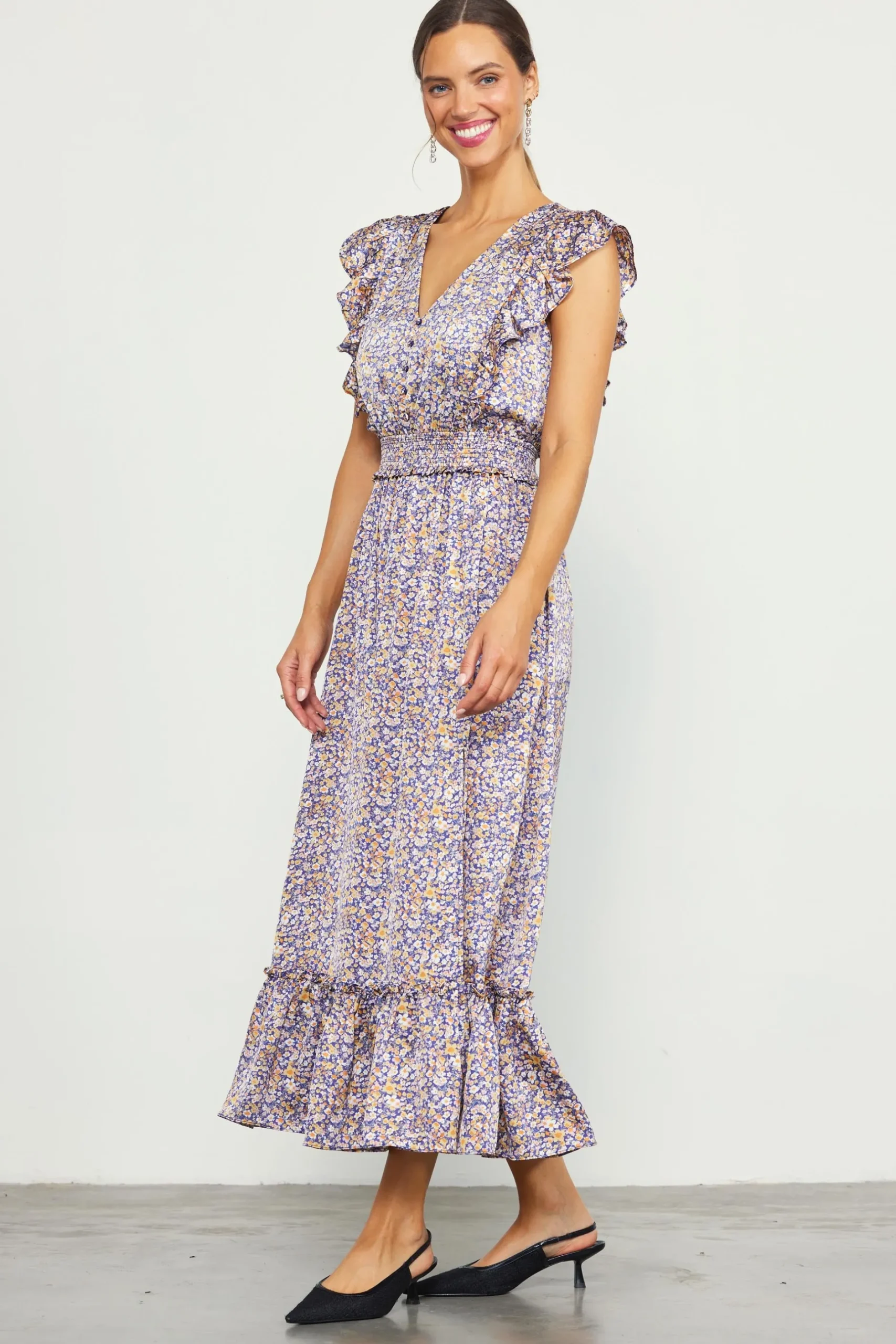 SKIES ARE BLUE Midi Dresses*Indira Floral Print Smocked Waist Dress Indigo-floral