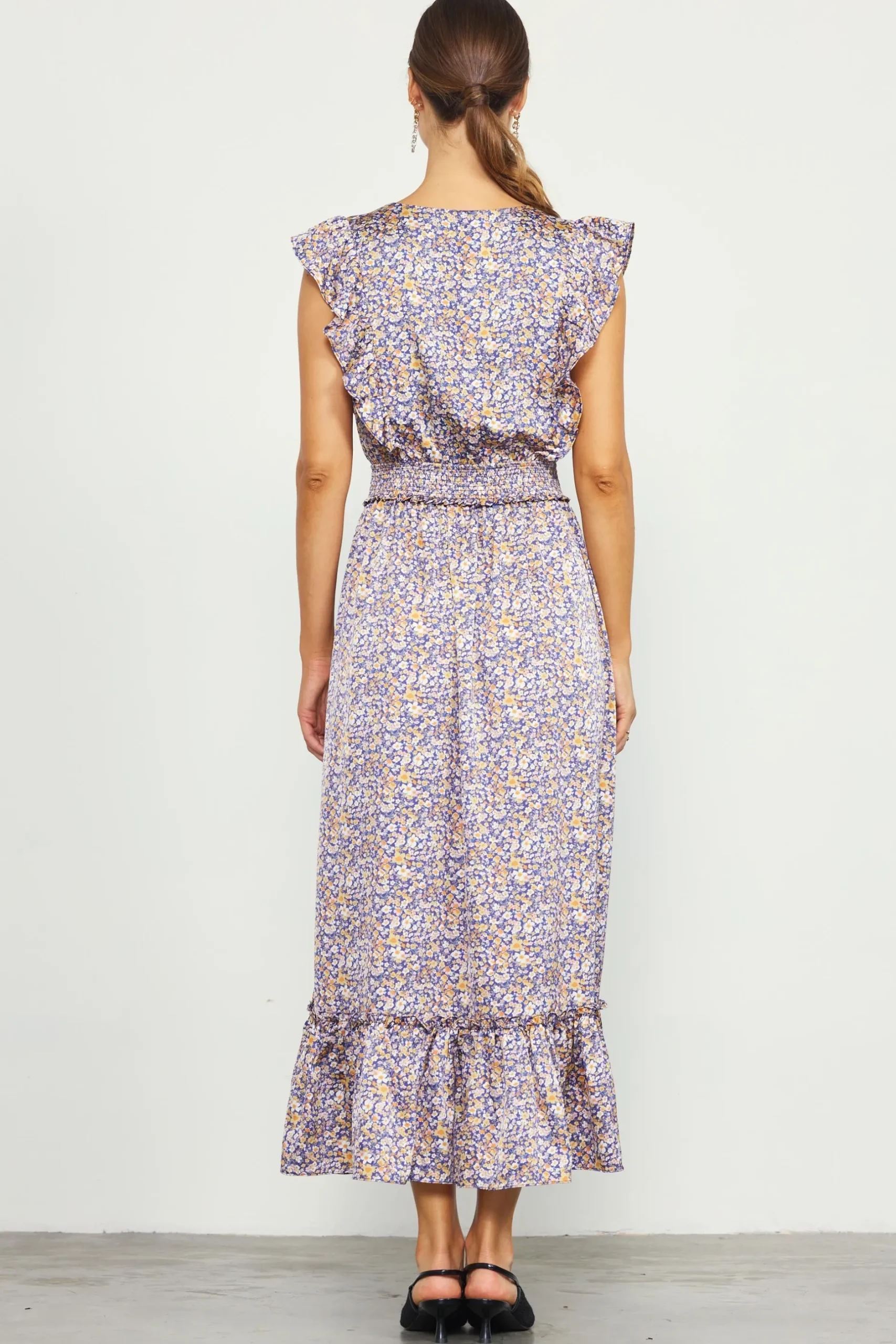 SKIES ARE BLUE Midi Dresses*Indira Floral Print Smocked Waist Dress Indigo-floral