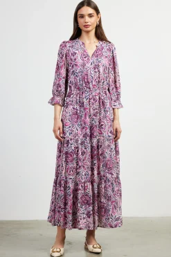 SKIES ARE BLUE Maxi Dresses*Jacquard Floral Motif Maxi Dress Plum-multi