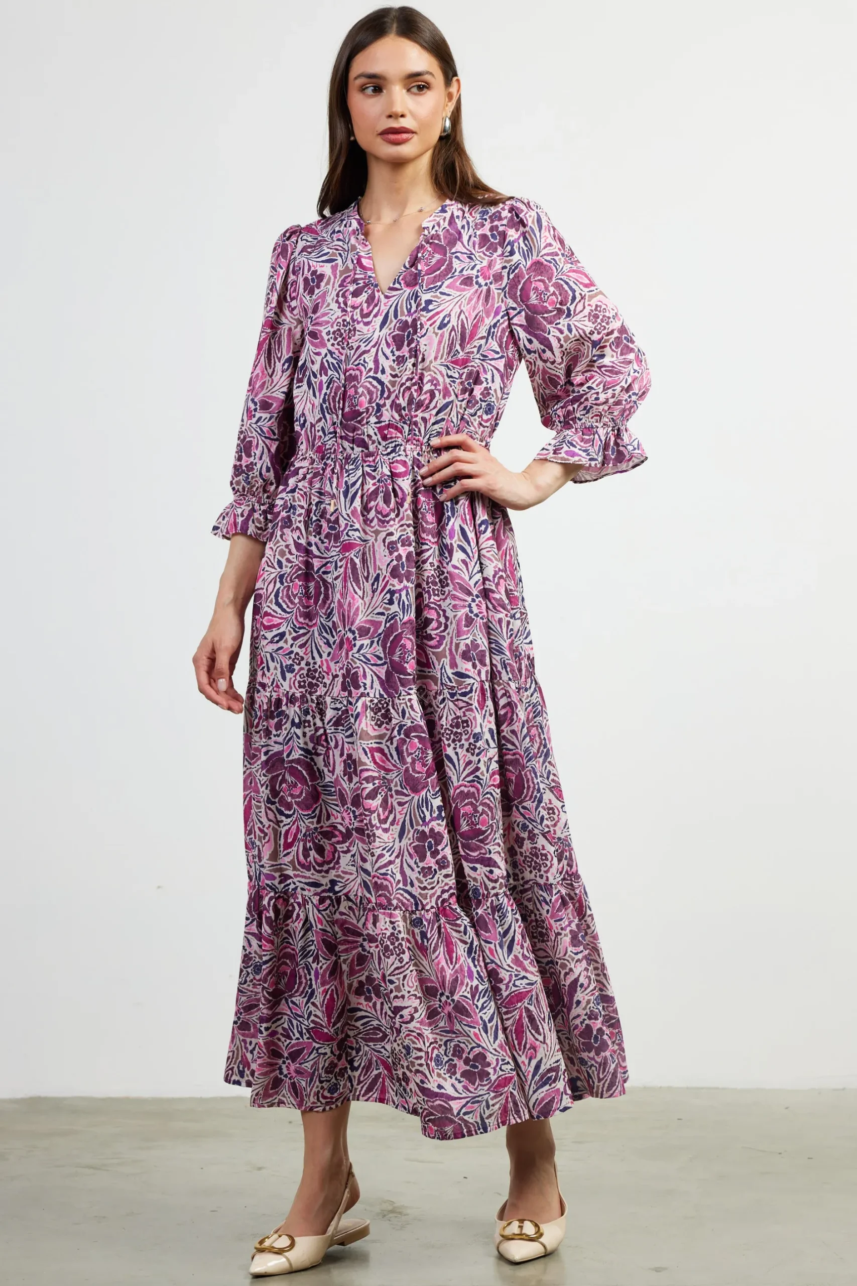 SKIES ARE BLUE Maxi Dresses*Jacquard Floral Motif Maxi Dress Plum-multi
