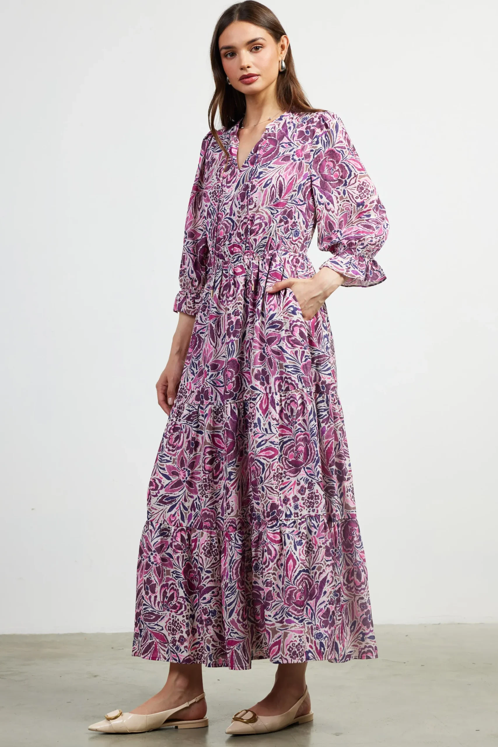 SKIES ARE BLUE Maxi Dresses*Jacquard Floral Motif Maxi Dress Plum-multi