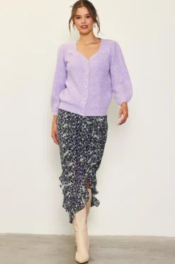 SKIES ARE BLUE Sweaters*Jewelry Button Puff Sleeve Cardigan Lavender