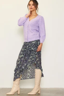 SKIES ARE BLUE Sweaters*Jewelry Button Puff Sleeve Cardigan Lavender