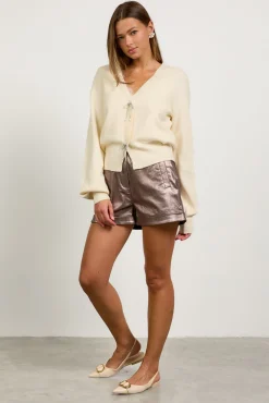 SKIES ARE BLUE Sweaters*Kaira Ribbon Detail Puff Sleeve Cardigan Cream