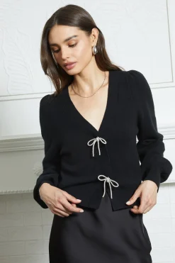 SKIES ARE BLUE Sweaters*Kaira Ribbon Detail Puff Sleeve Cardigan Black