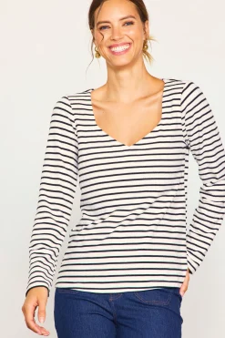 SKIES ARE BLUE Long Sleeve Tops*Knit Striped Longsleeve Top Cream-black