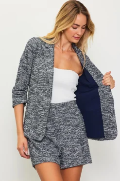 SKIES ARE BLUE Blazers*Knit Tweed Blazer Navy