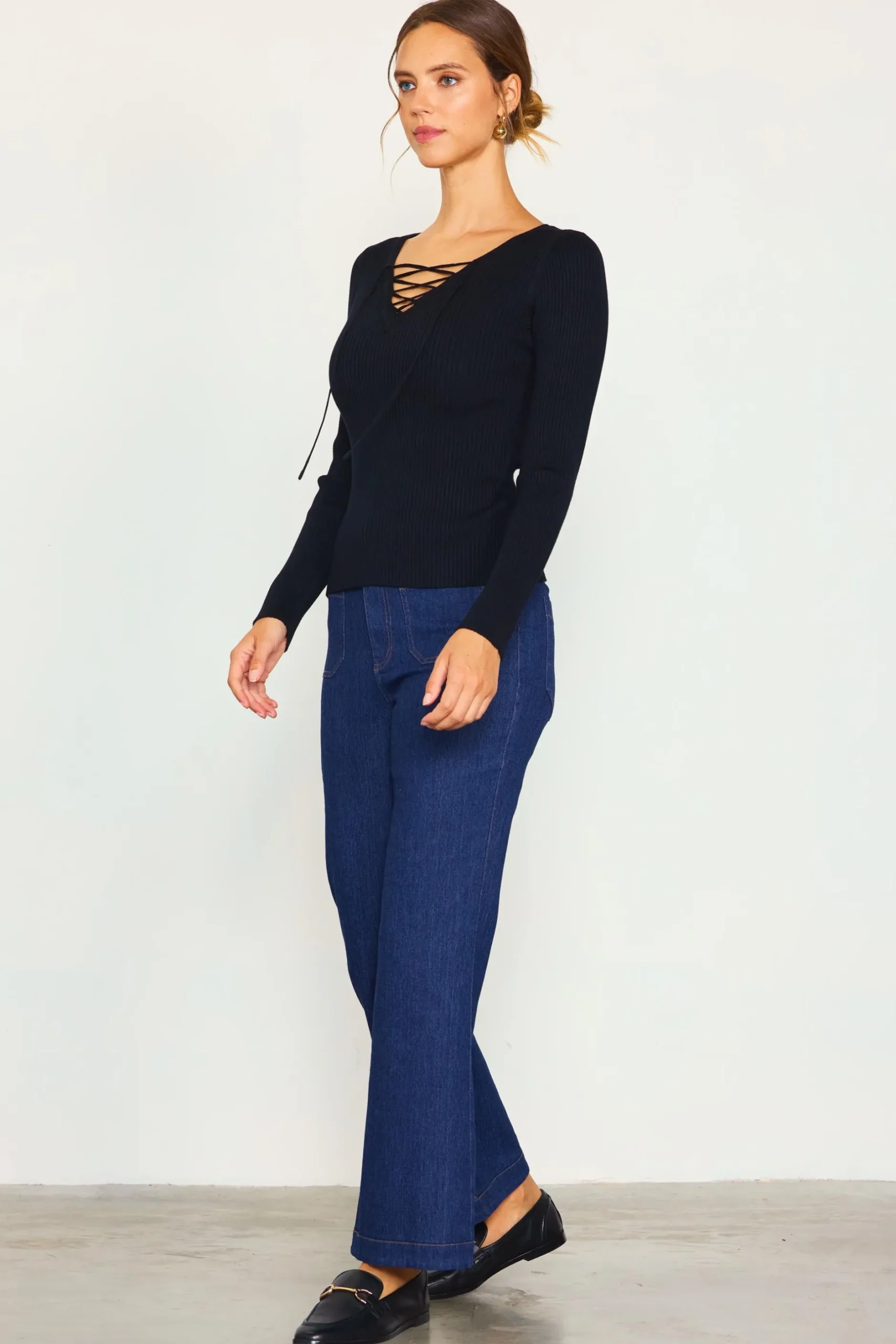 SKIES ARE BLUE Long Sleeve Tops*Laced Up Long Sleeve Knit Top Black
