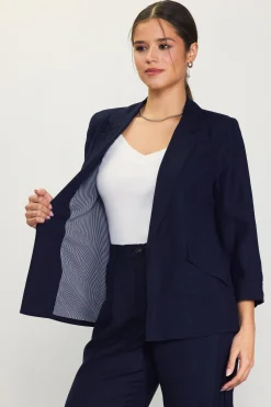 SKIES ARE BLUE Blazers*Linen Blend Three-Quarter Sleeve Blazer Navy