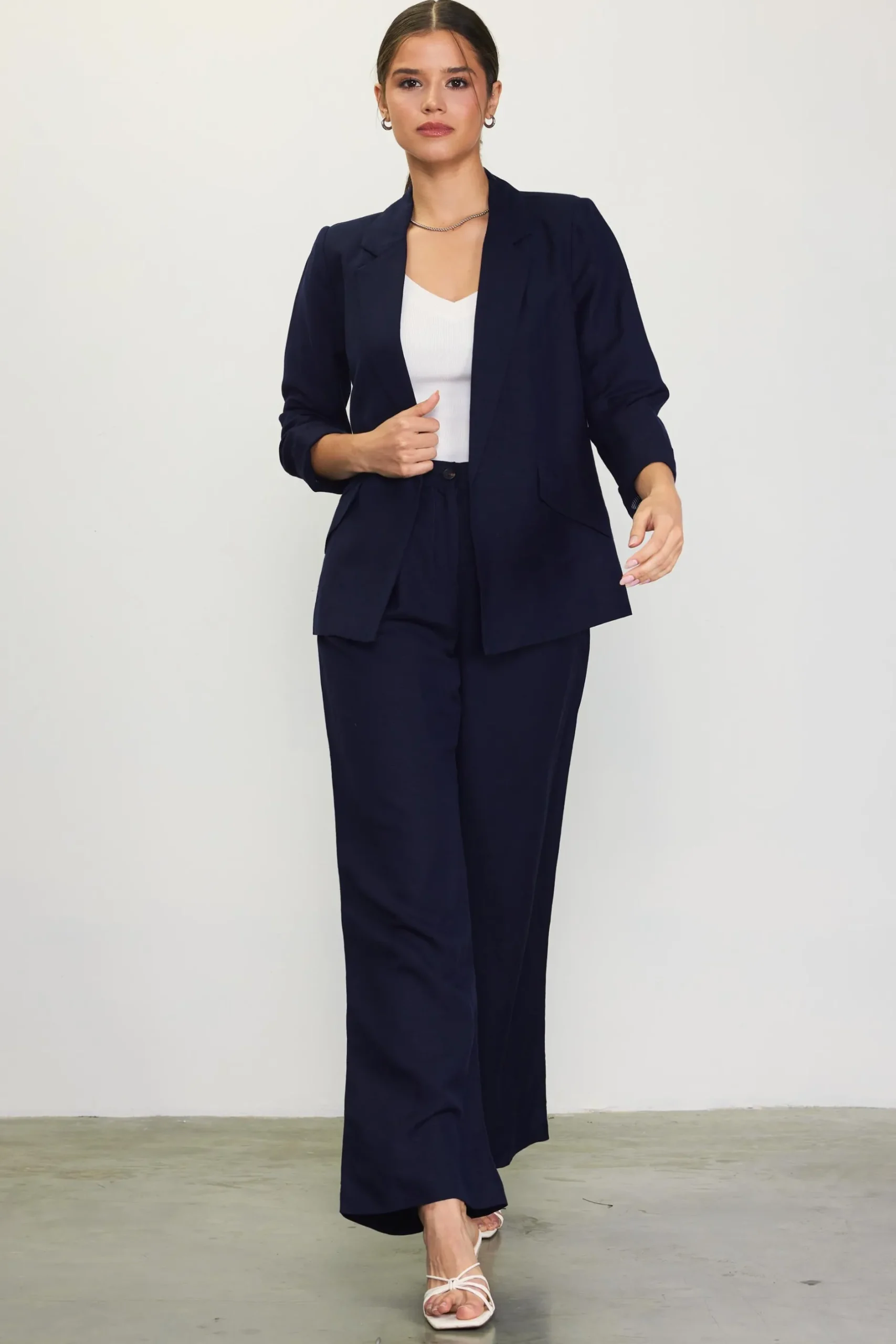 SKIES ARE BLUE Blazers*Linen Blend Three-Quarter Sleeve Blazer Navy