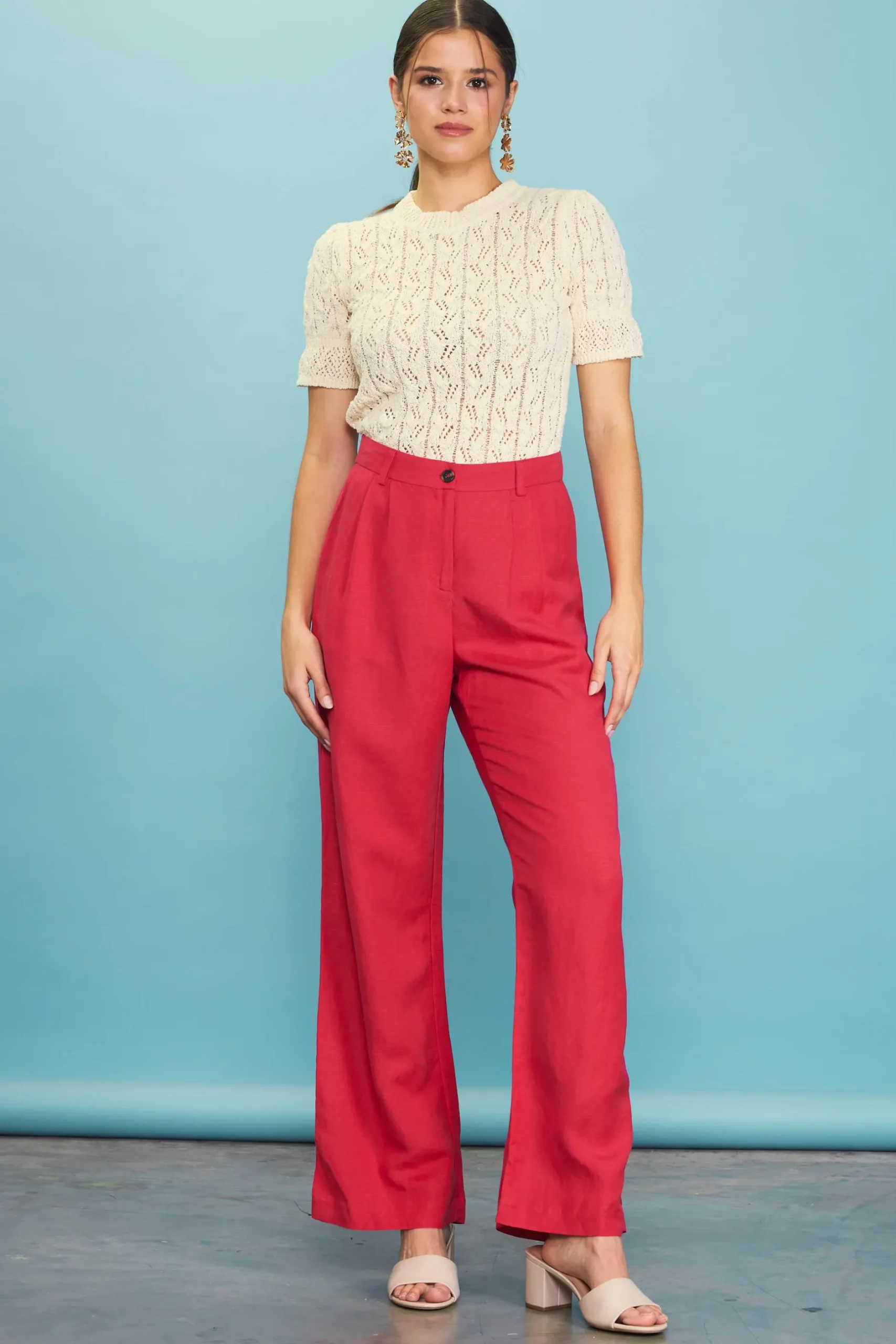 SKIES ARE BLUE Pants*Linen Blend Wide Leg Trousers Cherry