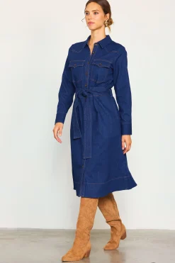 SKIES ARE BLUE Midi Dresses*Long Sleeve Denim Shirt Dress Darkdenim