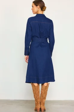 SKIES ARE BLUE Midi Dresses*Long Sleeve Denim Shirt Dress Darkdenim