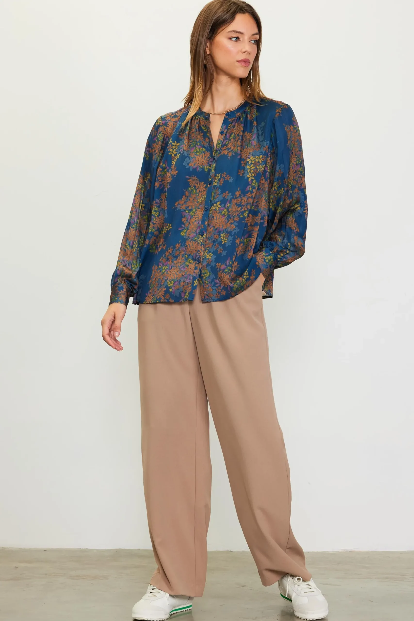 SKIES ARE BLUE Blouses|Long Sleeve Tops*Longsleeve Buttondown Blouse Teal-mustard