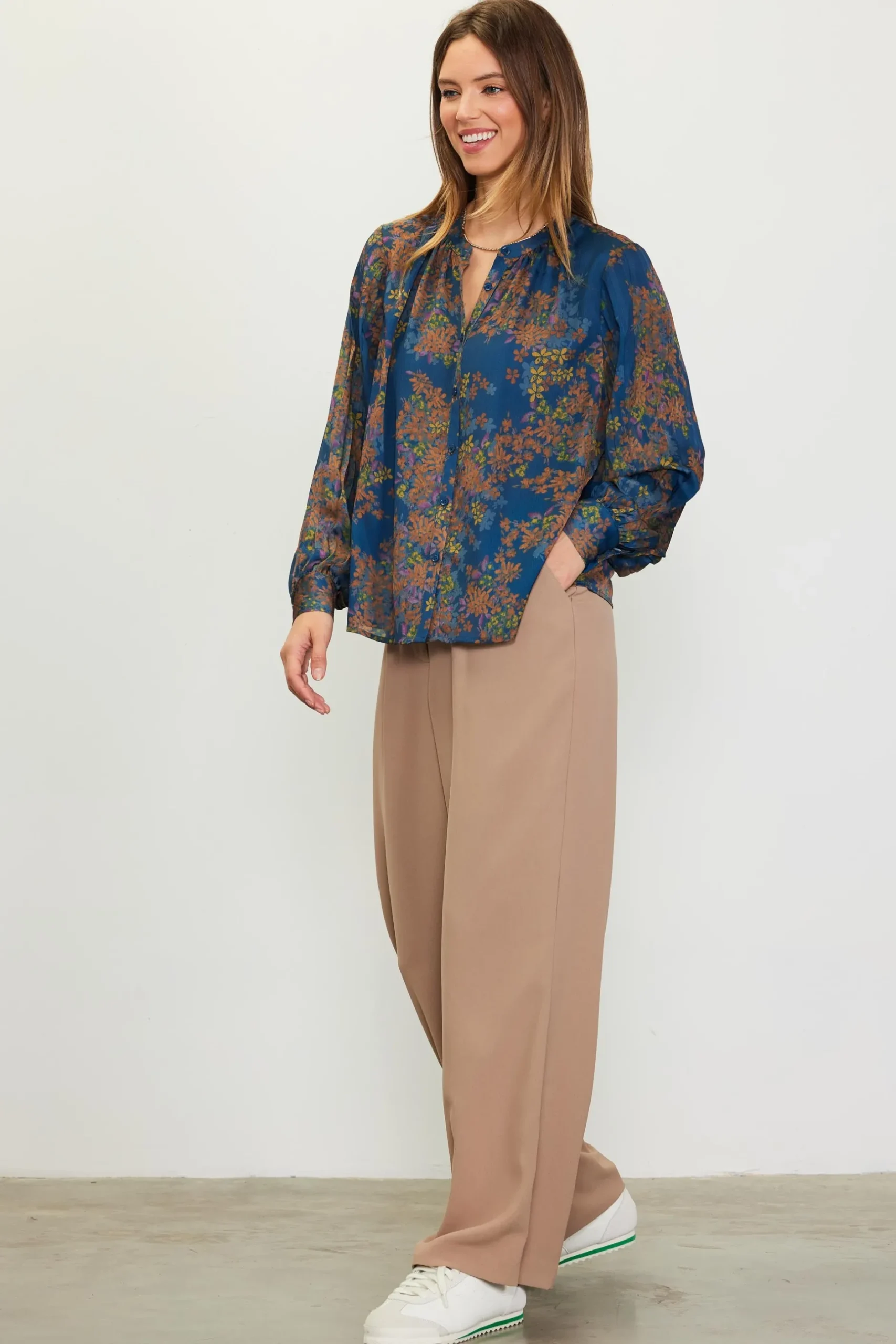 SKIES ARE BLUE Blouses|Long Sleeve Tops*Longsleeve Buttondown Blouse Teal-mustard