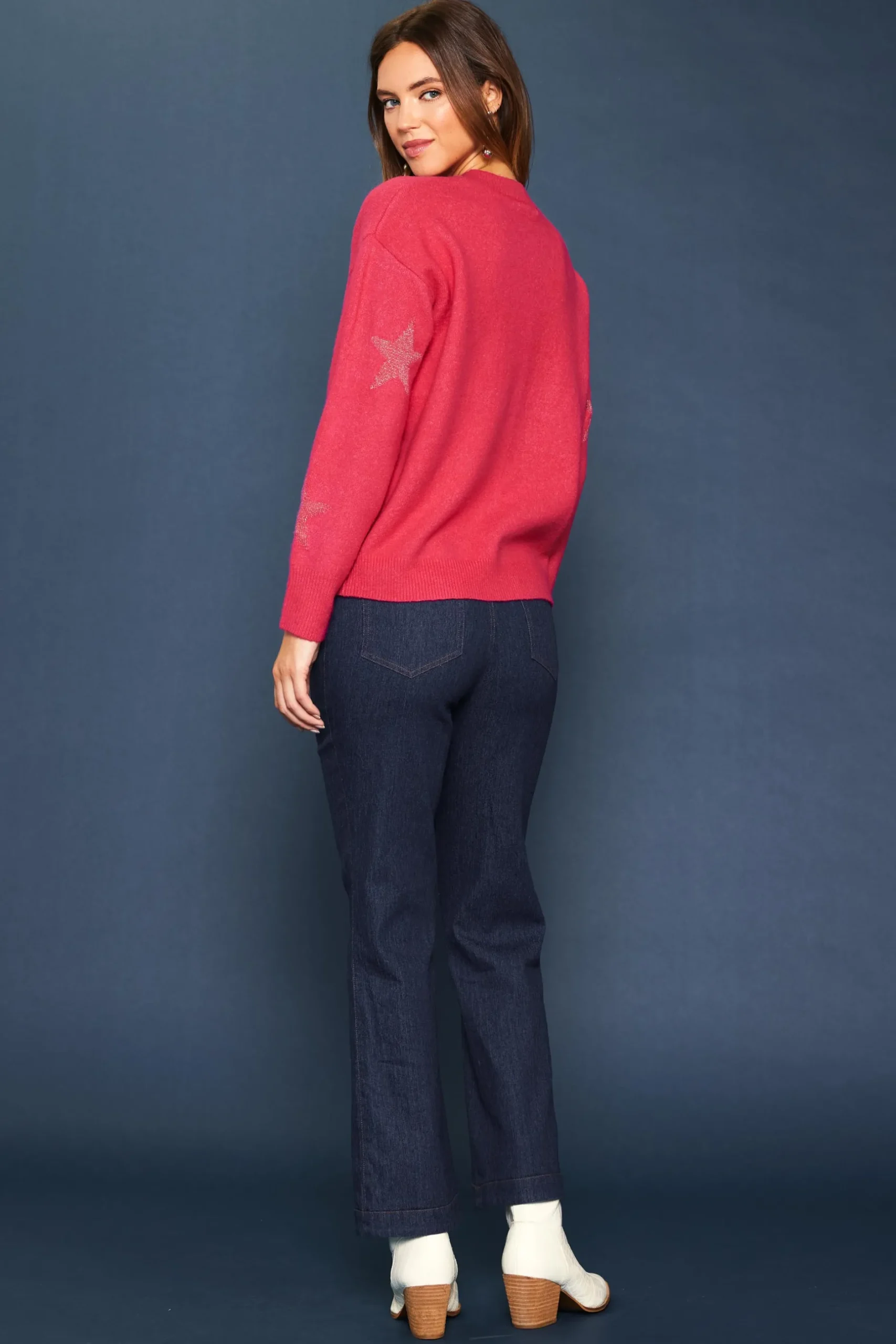 SKIES ARE BLUE Sweaters*Lurex Star Print Sweater Berrypink