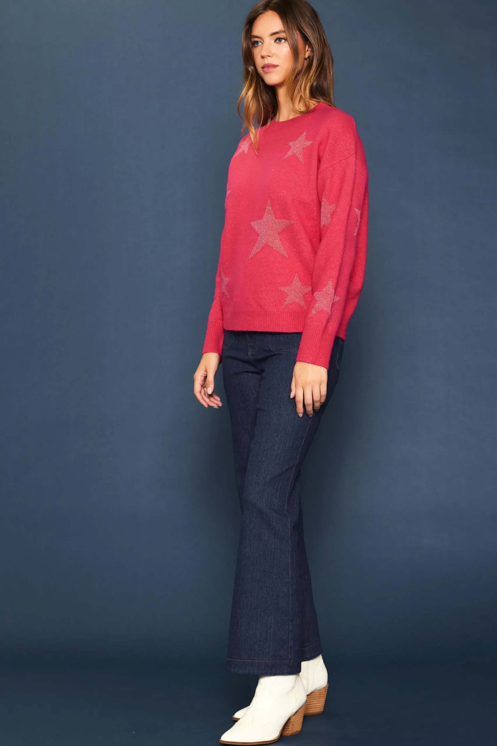 SKIES ARE BLUE Sweaters*Lurex Star Print Sweater Berrypink