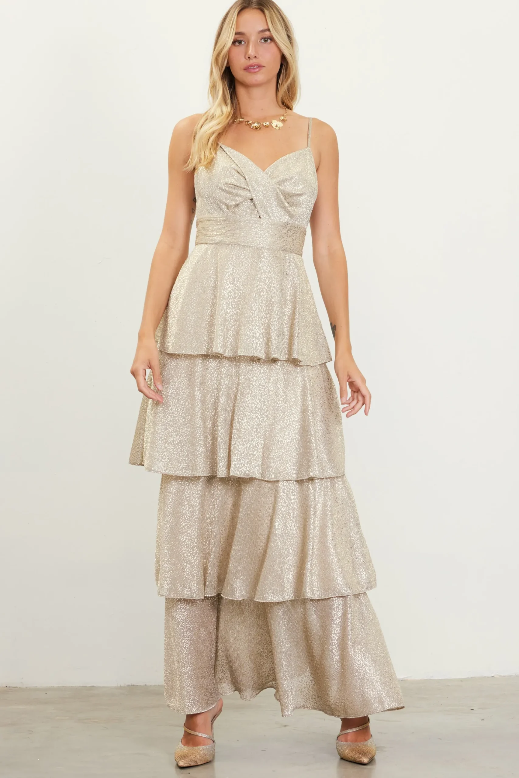 SKIES ARE BLUE Maxi Dresses*Lurex Tiered Maxi Dress Gold