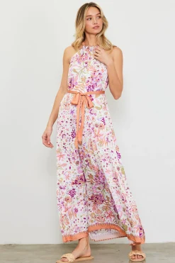 SKIES ARE BLUE Maxi Dresses*Magnolia Border Print Halter Neck Maxi Dress Floraltuscantan