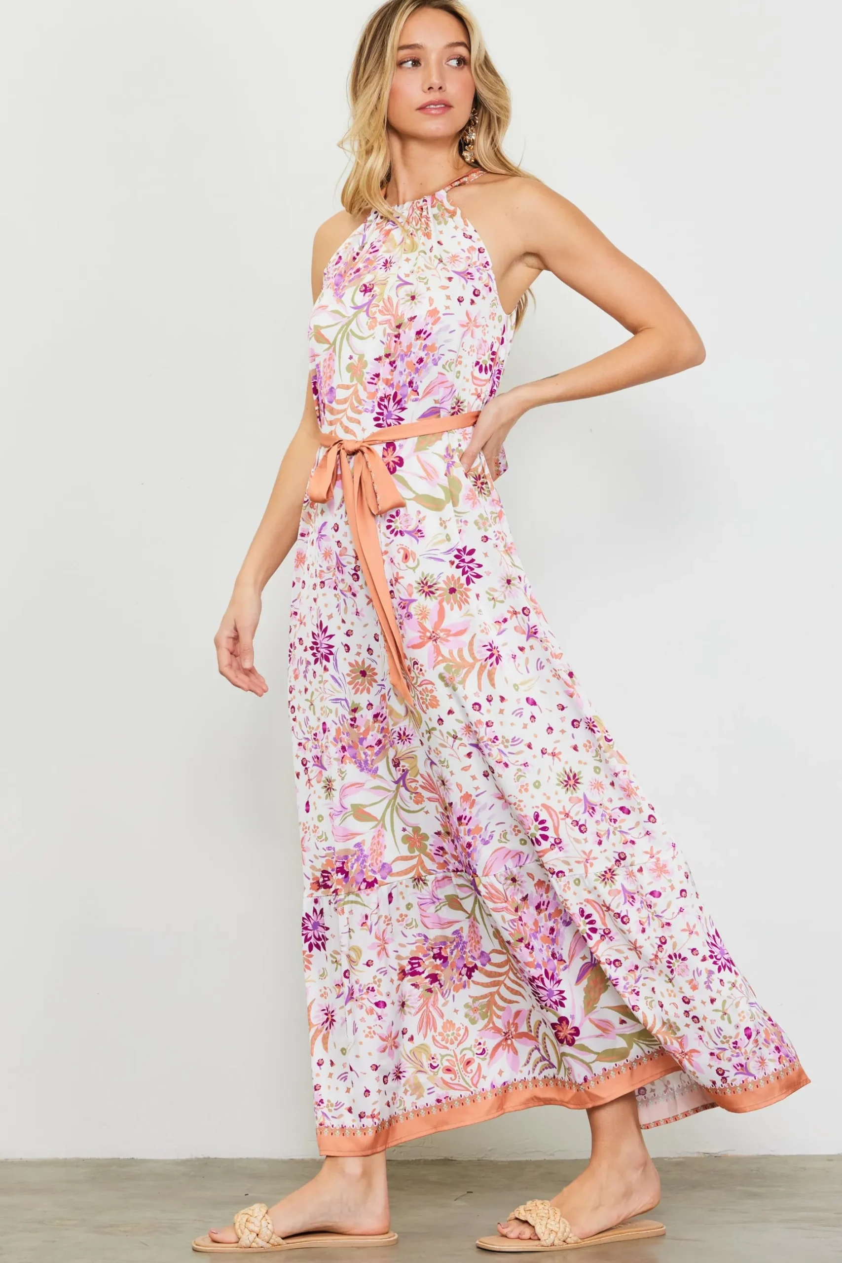 SKIES ARE BLUE Maxi Dresses*Magnolia Border Print Halter Neck Maxi Dress Floraltuscantan