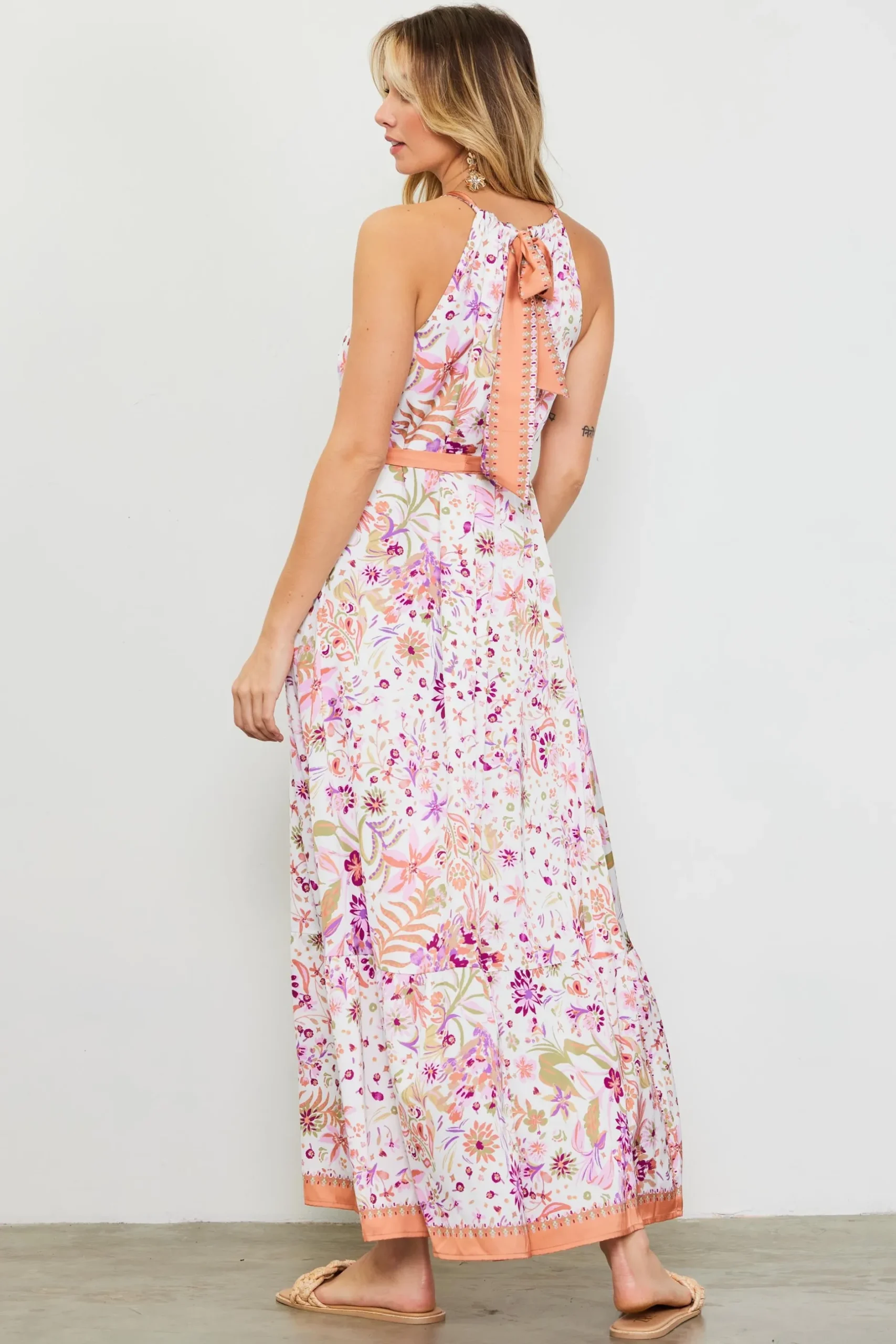 SKIES ARE BLUE Maxi Dresses*Magnolia Border Print Halter Neck Maxi Dress Floraltuscantan