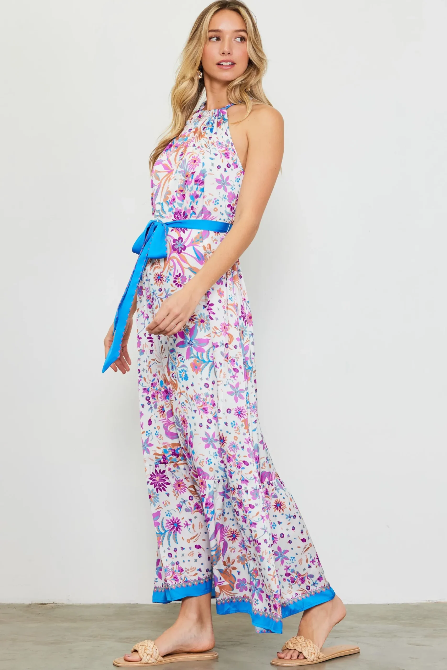 SKIES ARE BLUE Maxi Dresses*Magnolia Border Print Halter Neck Maxi Dress Floralcapriblue
