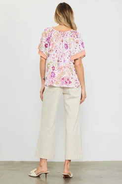 SKIES ARE BLUE Short Sleeve Tops*Magnolia Border Print Short Sleeve Top Floraltuscantan