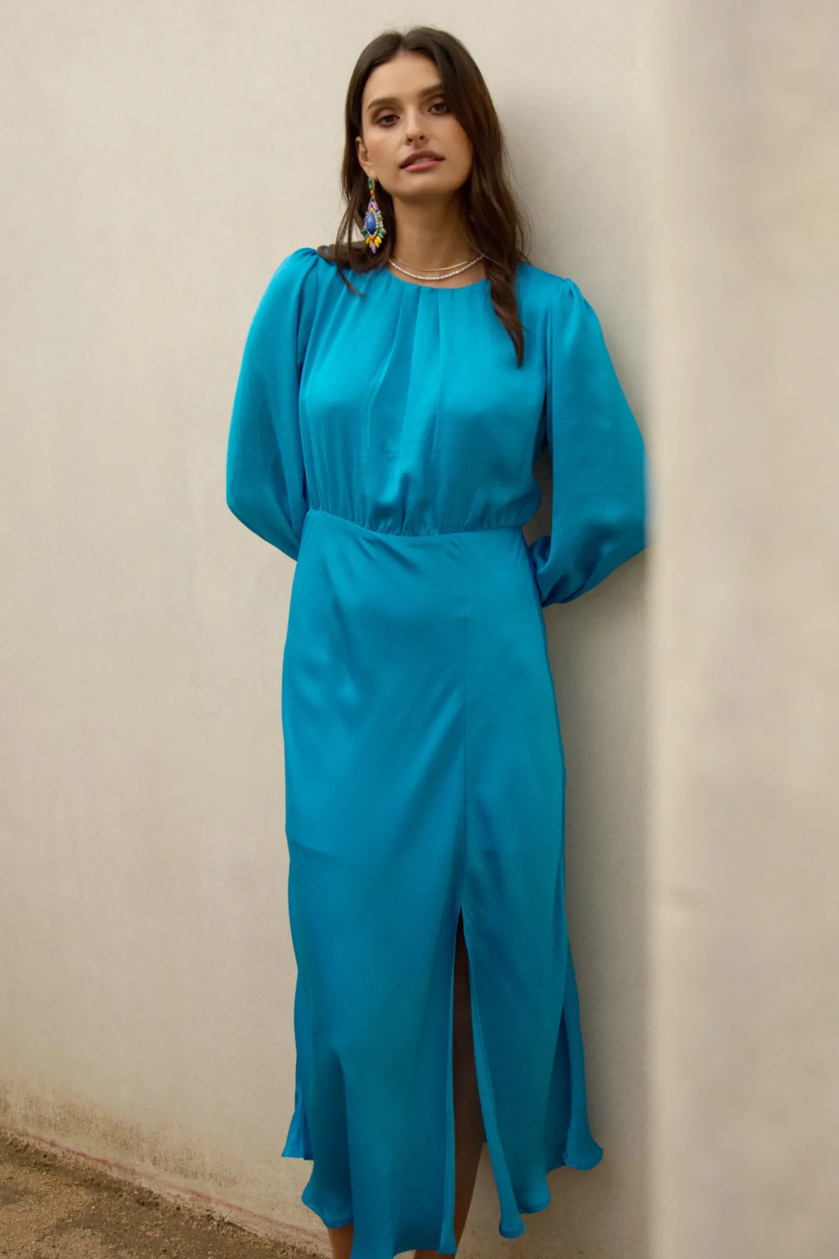SKIES ARE BLUE Midi Dresses*Mariela Front Slit Midi Dress Azureblue