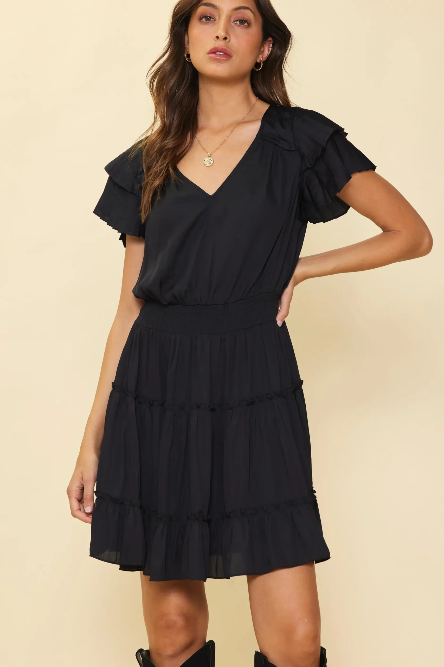 SKIES ARE BLUE Mini Dresses*Maya Short Sleeve Ruffled Mini Dress Black