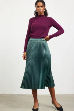 SKIES ARE BLUE Skirts*Metallic Foil Pleated Midi Skirt Astrogreen