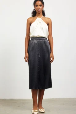 SKIES ARE BLUE Skirts*Metallic Foil Pleated Midi Skirt Black